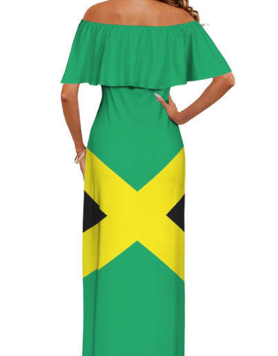 Jamaican Flag Ruffle Off-The-Shoulder Dress