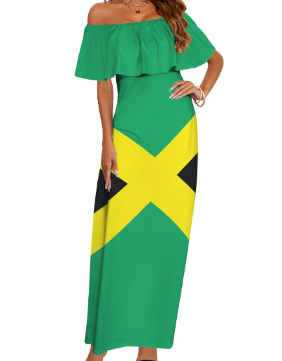 Jamaican Flag Ruffle Off-The-Shoulder Dress