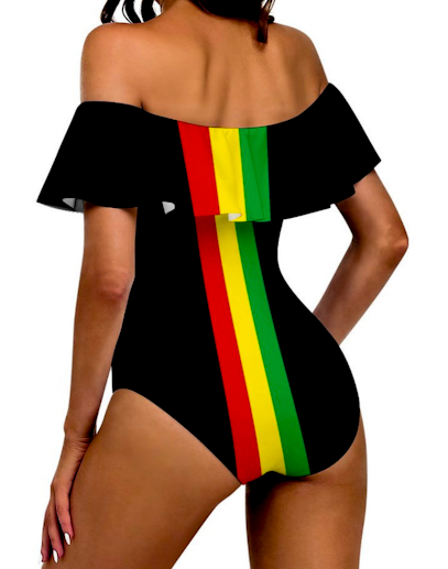 Off-Shoulder One-Piece Swimsuit in Rasta Colours