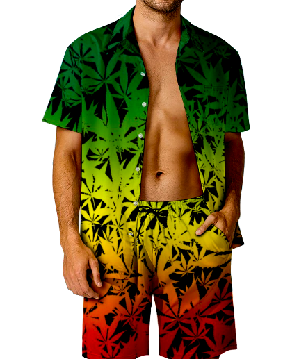 Jamaican Ganja Print Shirt and Shorts Set in Rasta Colours