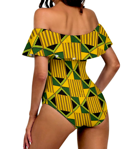 Off-Shoulder One-Piece Kente Print Swimsuit