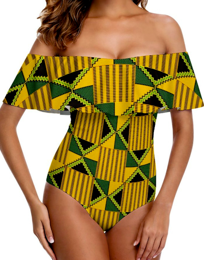 Off-Shoulder One-Piece Kente Print Swimsuit