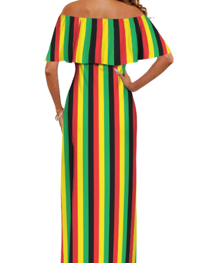 Striped Ruffle Off-The-Shoulder Dress in Rasta Colours