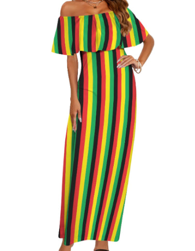 Striped Ruffle Off-The-Shoulder Dress in Rasta Colours