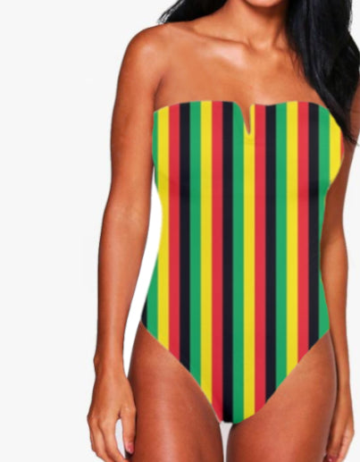 Jamaican Striped Strapless One-Piece Swimsuit